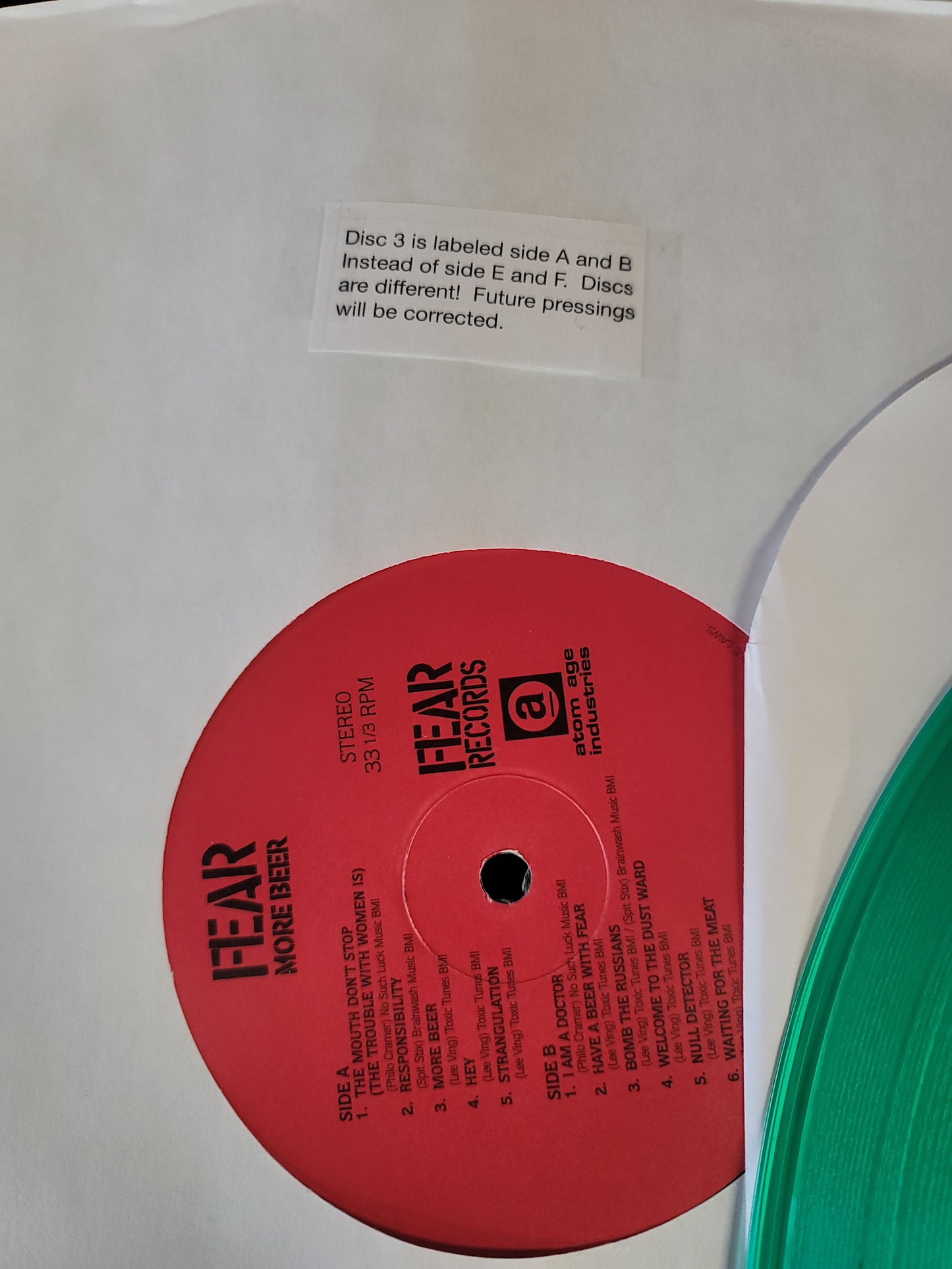 USED: Fear - More Beer LP triple record edition (green vinyl)