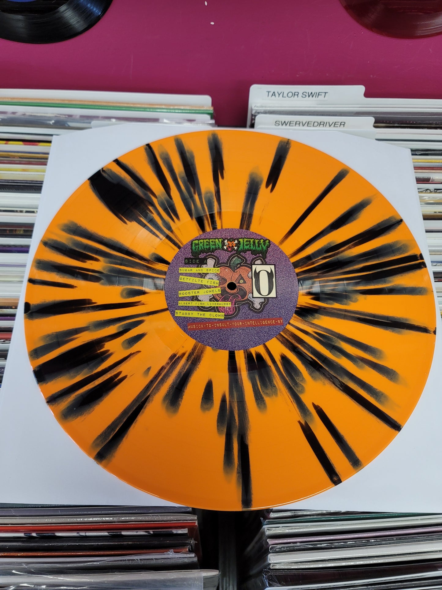 USED: Green Jelly - Musick To Insult Your Intelligence LP record (orange vinyl w/ black splatter)