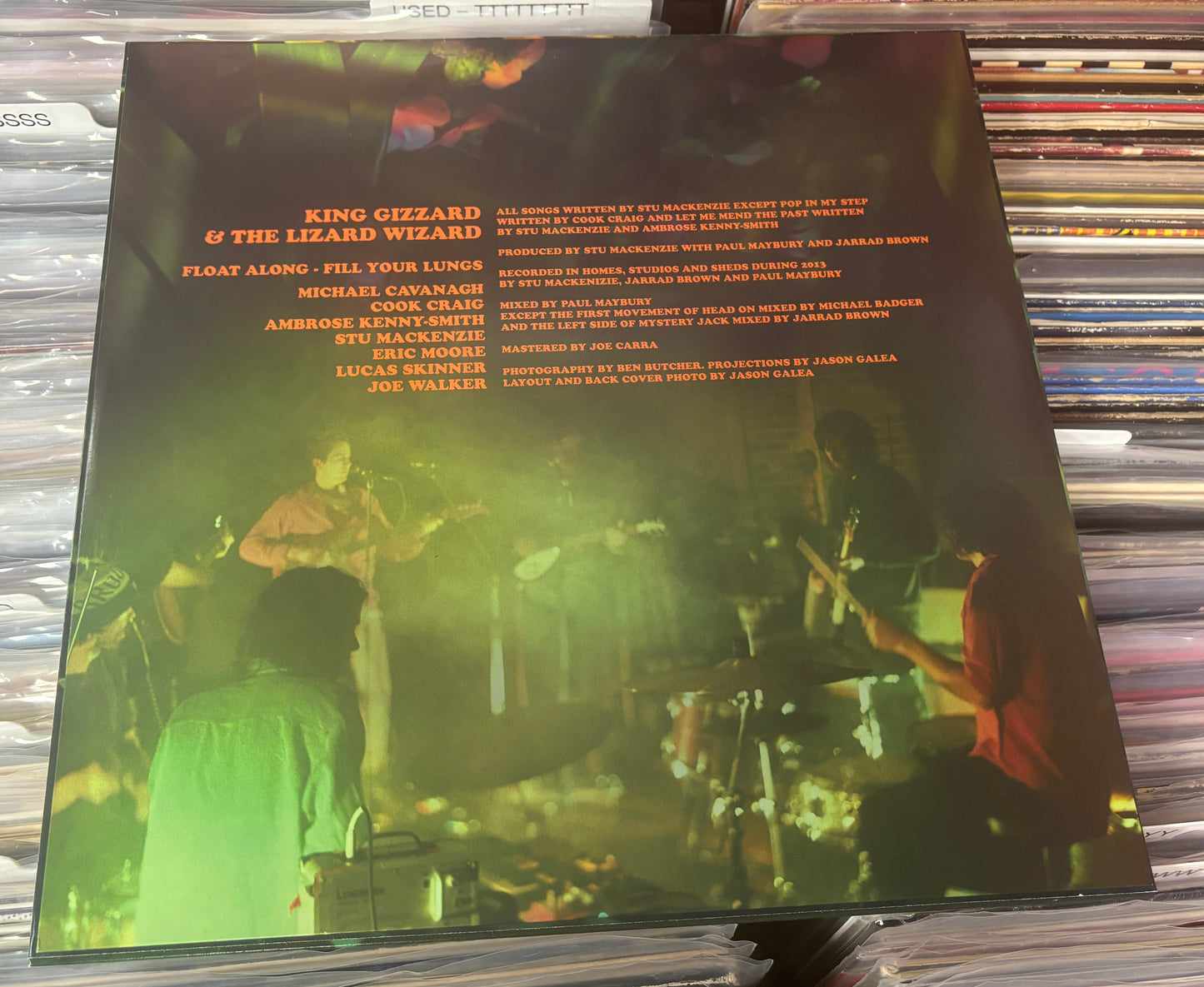 USED: King Gizzard and the Lizard Wizard - Float Along Fill Your Lungs LP record (Psychedelic Eyeball Edition - yellow w/ blue splatter vinyl)