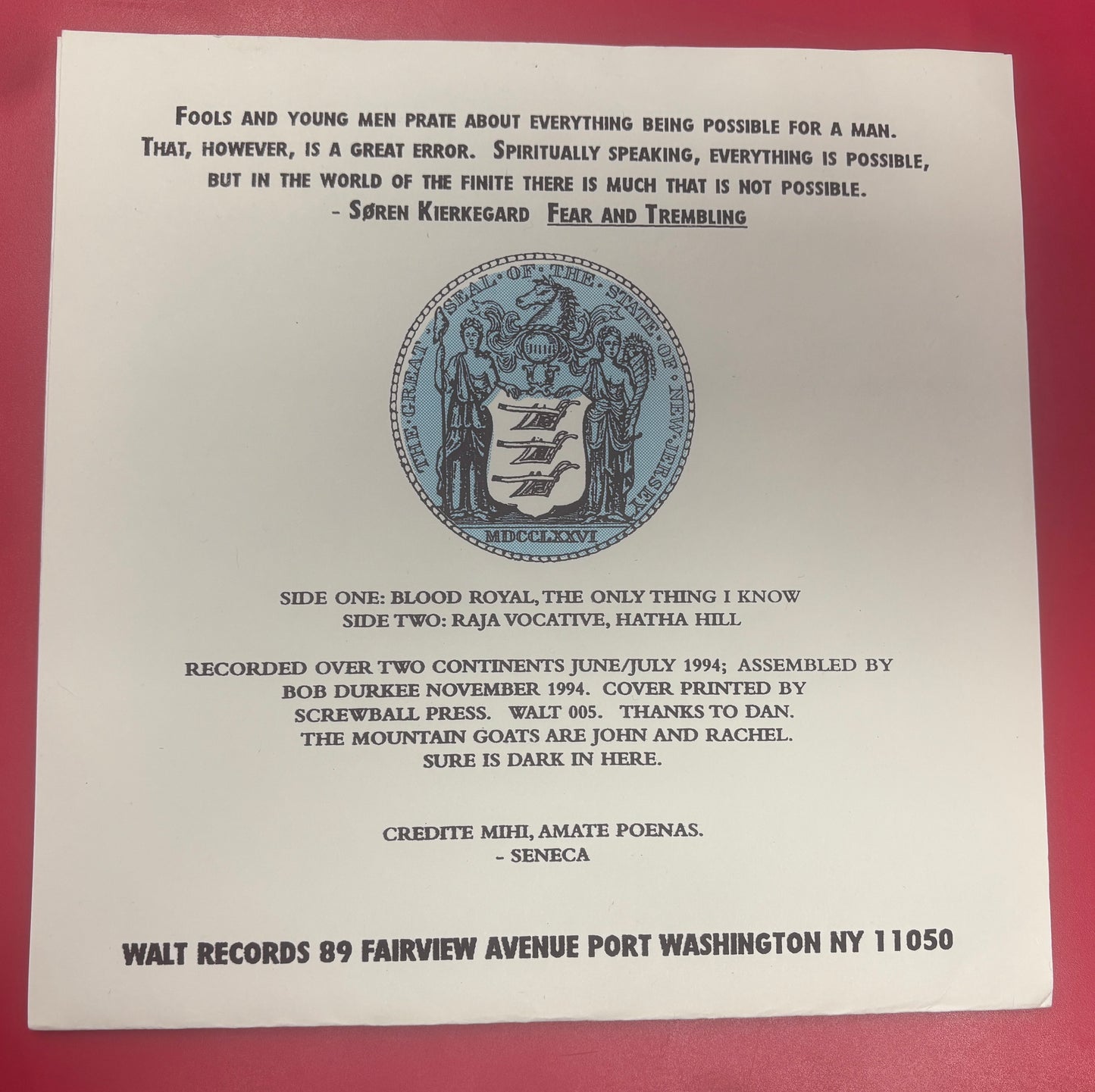 USED: The Mountain Goats and Alastair Galbraith - Orange Raja, Blood Royal 7" vinyl record (1994)