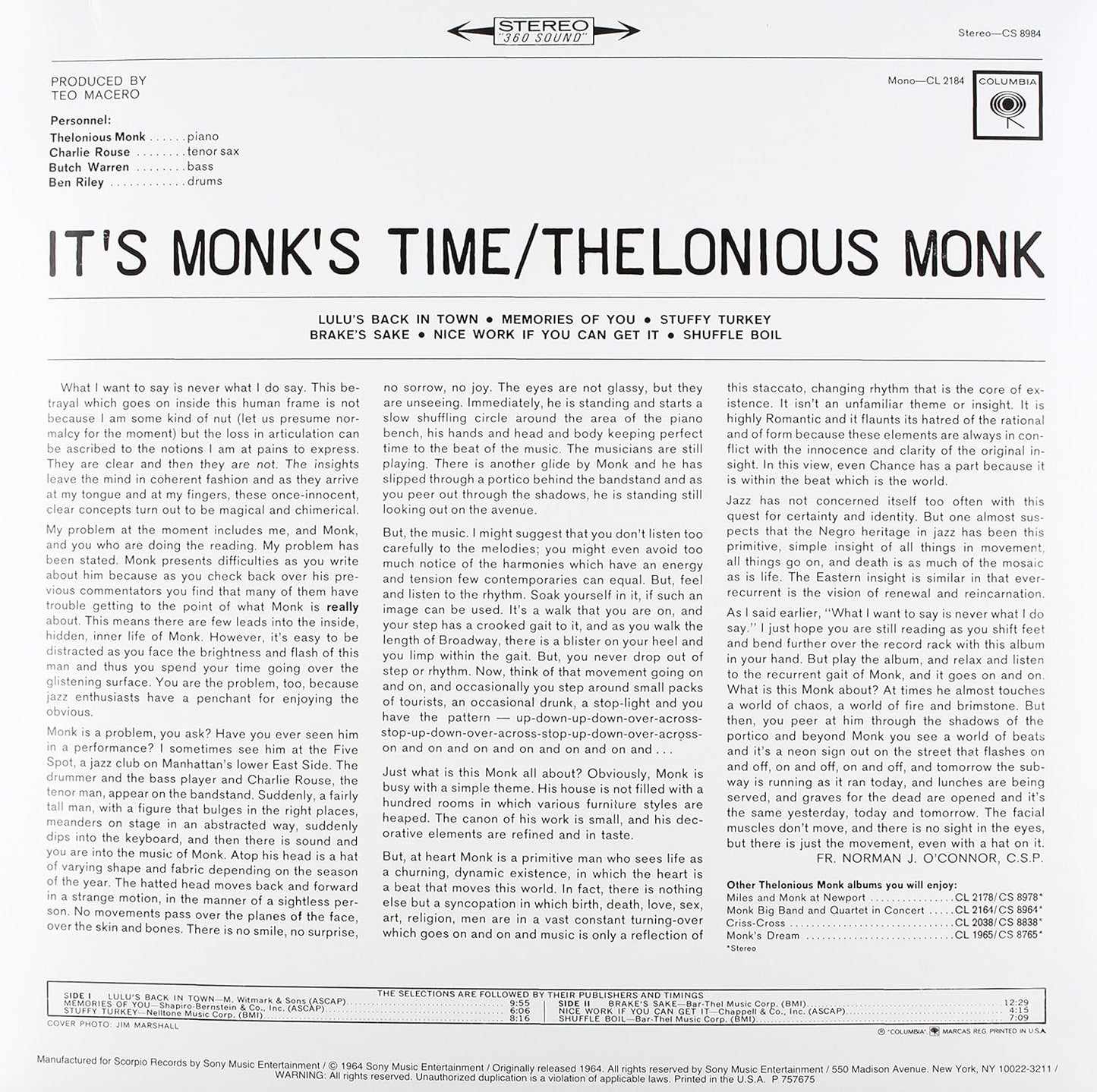 Thelonious Monk - It's Monk Time LP 180g vinyl record